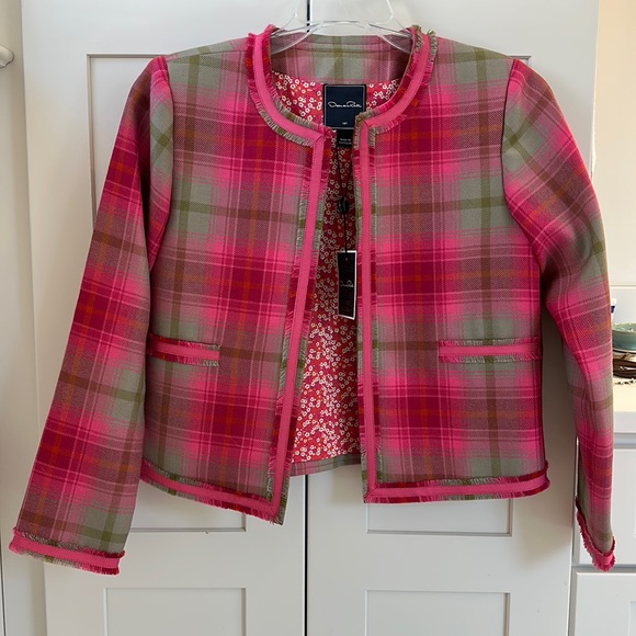 $295 NEW Oscar de la Renta Girls WOOL Jacket Hot Pink Green Plaid Blazer 14 Y - Picture 2 of 7